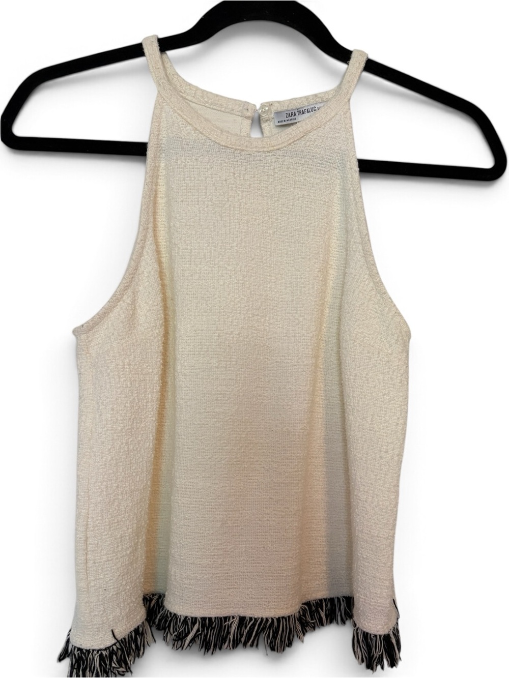 Zara Trafaluc Sleeveless Cream Fringe-Hem Women's Top